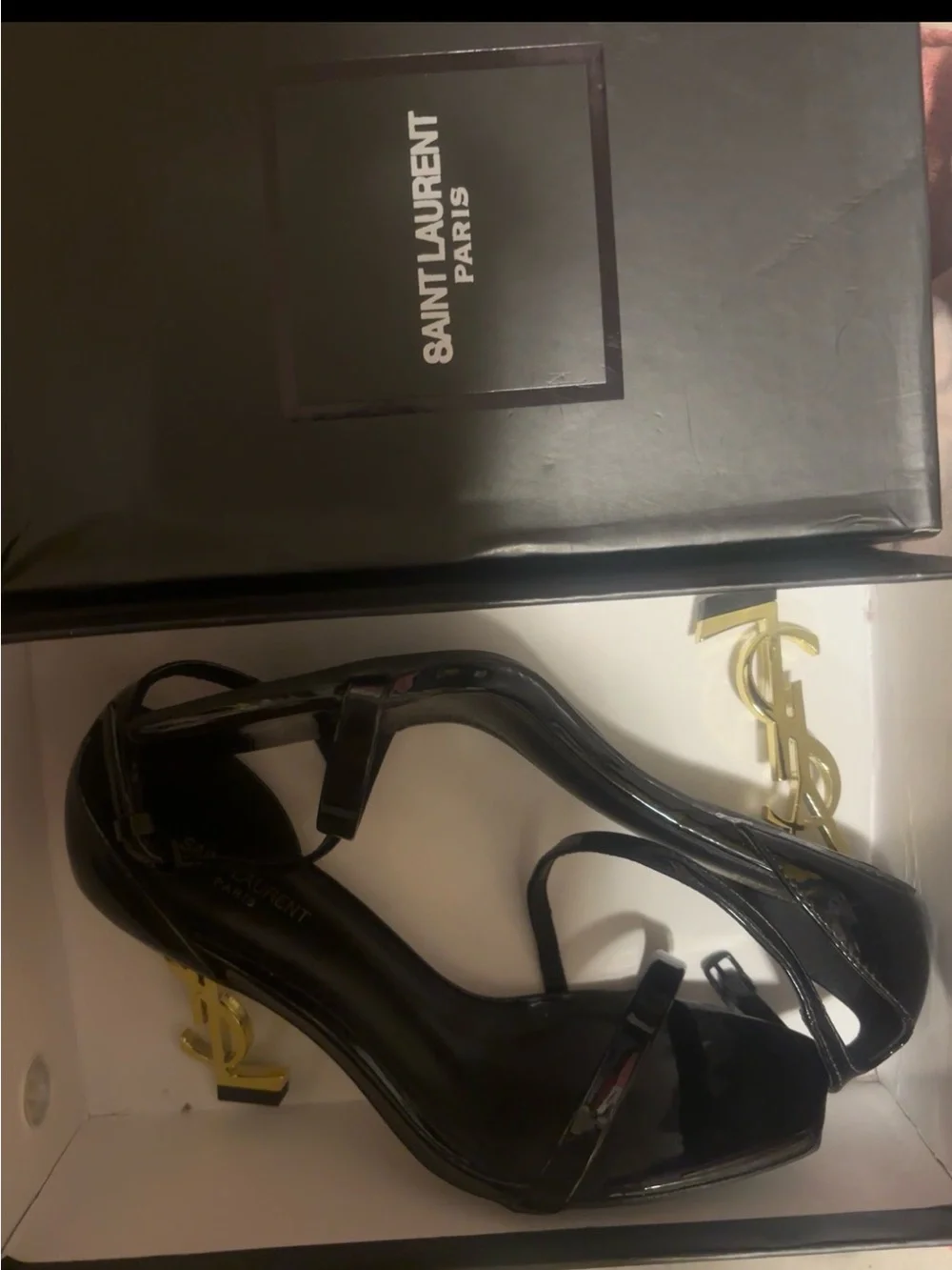 Saint Laurent Black Patent Opyum Logo-Heel Ankle Strap Sandal - Picture 3 of 3